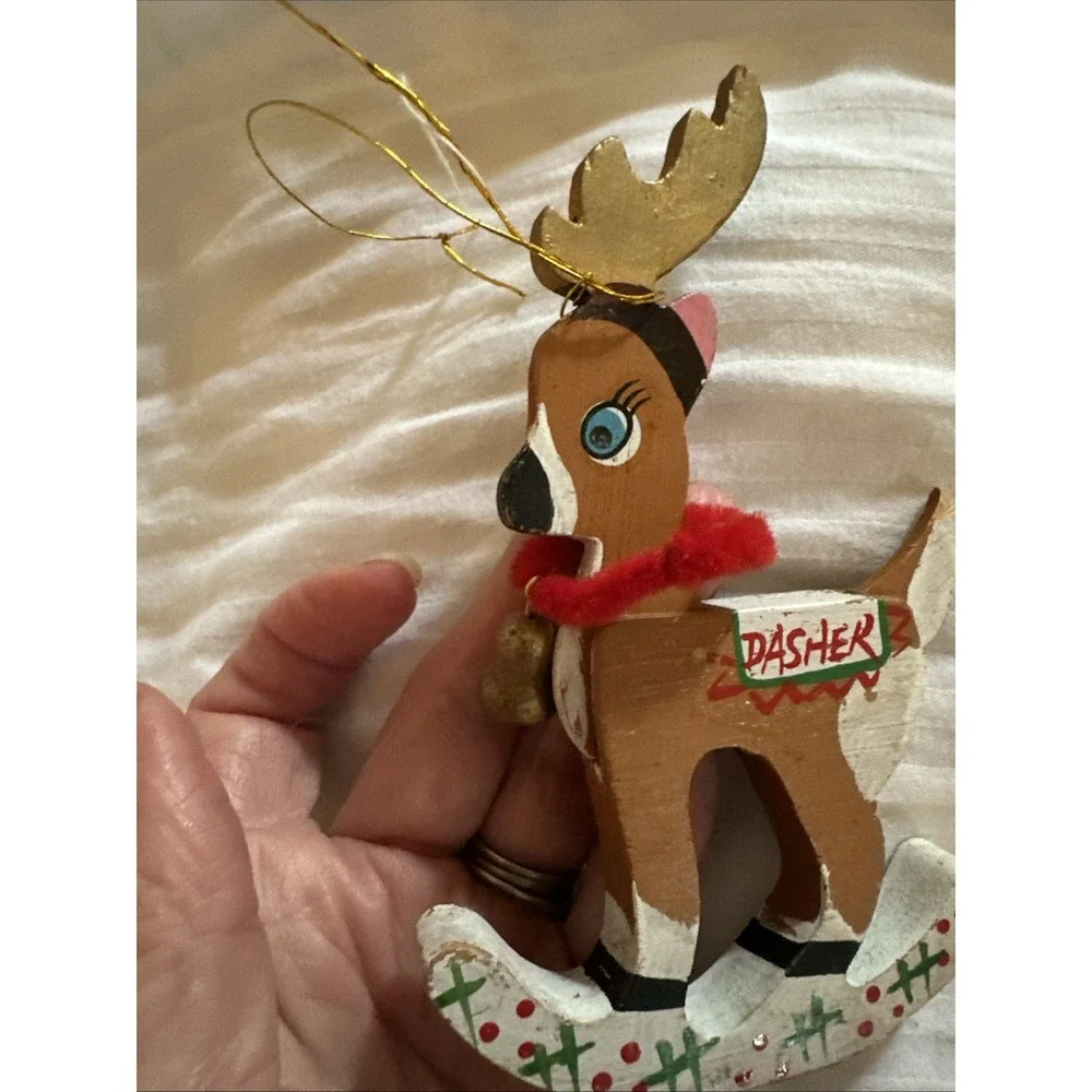 Vintage Kurt Adler Santa's Reindeer Dasher & SkierChristmas Ornament Wooden 1977